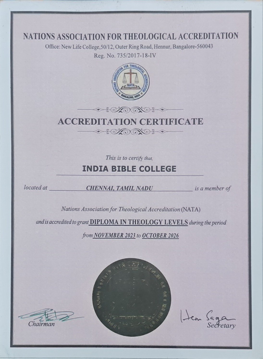 NATA Accreditation Certificate